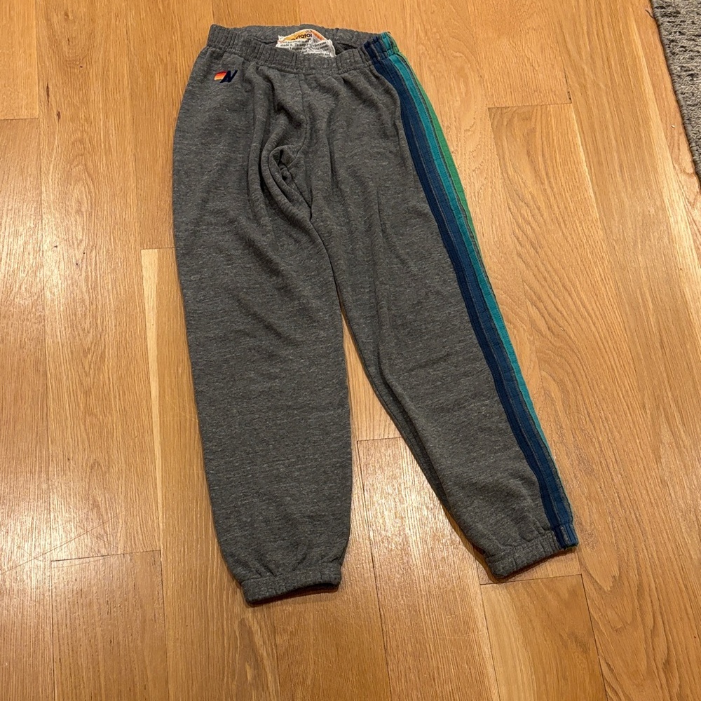 Aviator Nation Gray Joggers with Blue, Green, Yellow and Teal Stripes